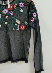 Black Floral Embroidered Mesh  Top