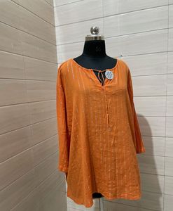Avenue Womens Orange Metallic Stripes Blouse