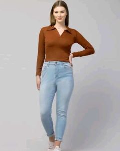 Brown V-Neck Long Sleeve Top