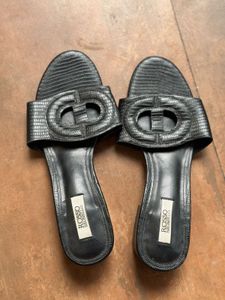 Rosso Brunello Black Embossed Leather Slide Sandal