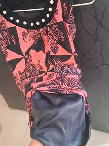 Fancy, Printed,Black N Pink Velvet-Chiffon Top