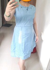 Denim Knee Length Dress Blue Office Wear