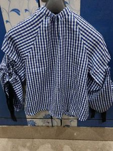 Blue & White Checkered Top puff sleeves