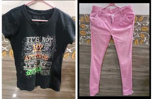 Combo Of Black T-shirt & Baby Pink Skinny Fit Jean
