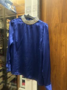 Royal Blue Satin Top with Embellished Collar