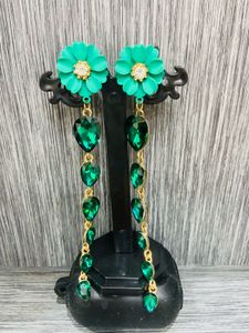 Green Flower Drop Earrings