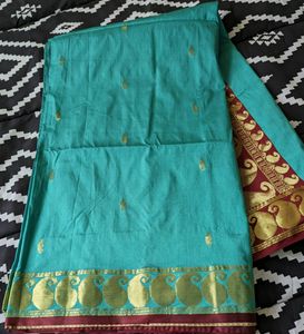 Sea Green Saree With Contrast Pallu