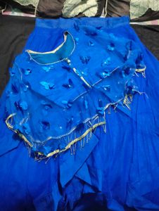 Blue Flower Mesh Top Lehnga  With Butterfly Blouse