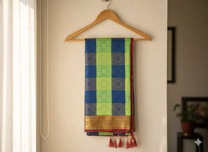 Green &amp; Blue Checkered pattu Saree