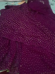 Purple saree with gold polka dots