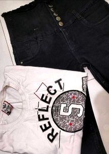 Combo Of Sleeveless T- Shirt & High Waist Jeans