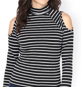Black & White Striped Cold-Shoulder High Neck Top