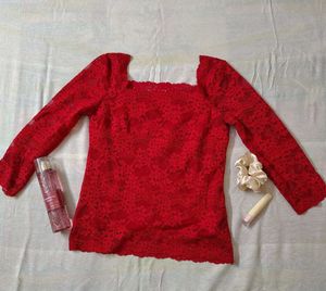 Red Lace Long Sleeve Top