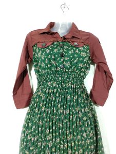 Green Floral Printed Collar Neck Dress