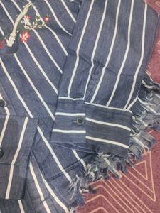 Navy Blue Cropped Stripes Shirt