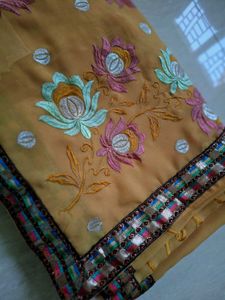 New light Yellow Chiffon Embroidery Saree✨