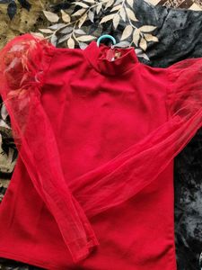 Red Top with Mesh Sleeves