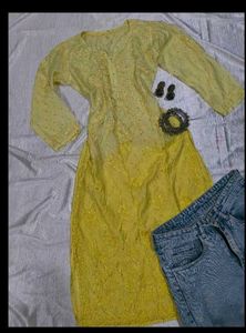Yellow Embroidered Chinakri  Kurti