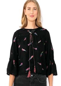 HSTYLE Black Feather Design Tie-Neck Dress Women