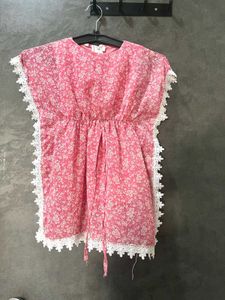 Girl&#39;s Pink Floral Lace Kaftan Frock