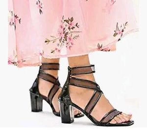 Black Patent Mesh Heel Sandals
