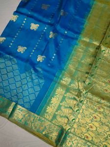 Blue &amp; Gold Pure Kanchipuram Silk Saree