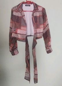 Brown And Red Geometric Printed Wrap Crop Top