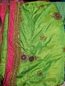 Green & Pink Embellished Saree
