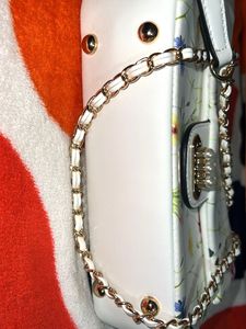 White Floral Printed PU Structured Sling Bag