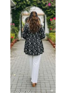 Black Floral Trendy V-neck Short Kurta Top
