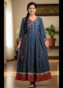 Blue & Red Printed Angrakha Dress