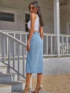 Denim Button-Front Slit Midi Skirt