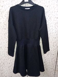 Black Textured Fabric Korean Style Skater Dress