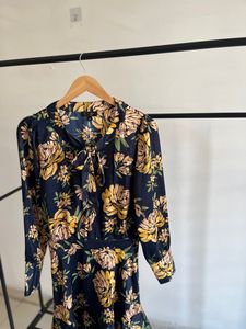Yellow Bluish Floral Print Drop Waist Midi Dress