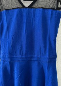 Elegant Blue Fit &amp; Flare Dress with Sheer Mesh
