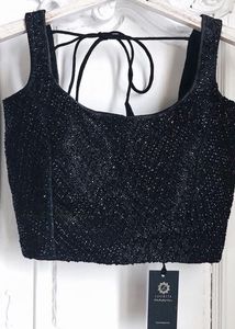 Black Sequin Crop Top White Floral Embroidered Ski