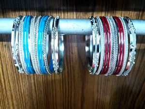 Combo Of Silver Blue And Silve Red Bangle Set