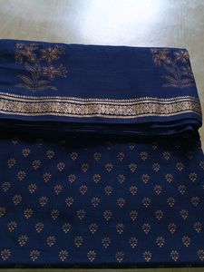 Elegant Blue &amp; Gold Print Cotton Saree
