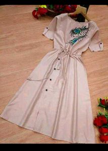 Elegant Beige Peacock Feather Dress