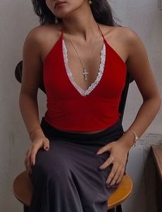 Dark Red Lace Halterneck Top