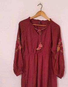 Maroon Embroidery Dress Women 🤎🛍️