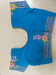 Cyan Blue Embroidered Saree+ Blouse