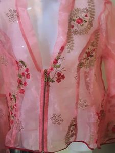 Diwali Pink Organza Embroidered Zipped Coat