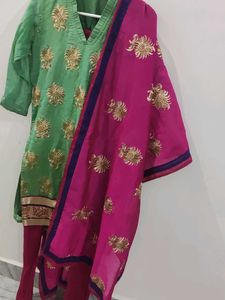 Embroidered Green &amp; Pink Salwar Kameez