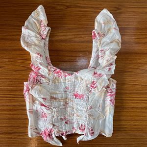 H&amp;M Cottan Linen Floral Ruffle Crop Top