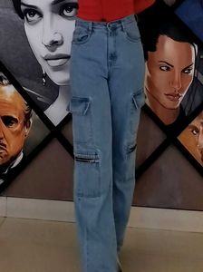 Light Blue High Rise Straight Leg Cargos Jeans