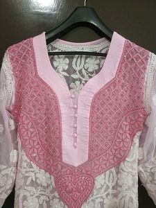 Chikankari Kurti With White And Pink Colour
