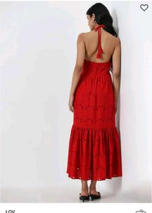 LOV Red Schiffli Detailed Cotton Tiered Dress