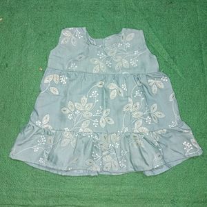 Handmade Baby Frock, Chest - 19.5 Inches, Length - 12.5 Inches, Cold Colour With White Dotted Leaf Print And Gliter, Comfortable Summer Cloth