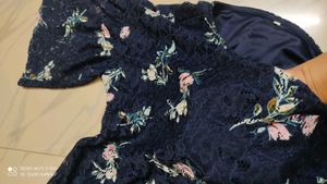 Navy Blue Lace Top with Floral Patterns